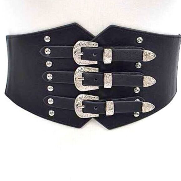 Black Silver Triple Buckle Studded Wide Statement Belt NWT main image 6